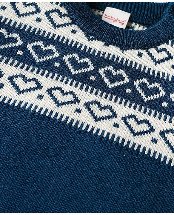 Babyhug Knitted Full Sleeves Pullover Sweater Set With Heart Design - Teal Blue