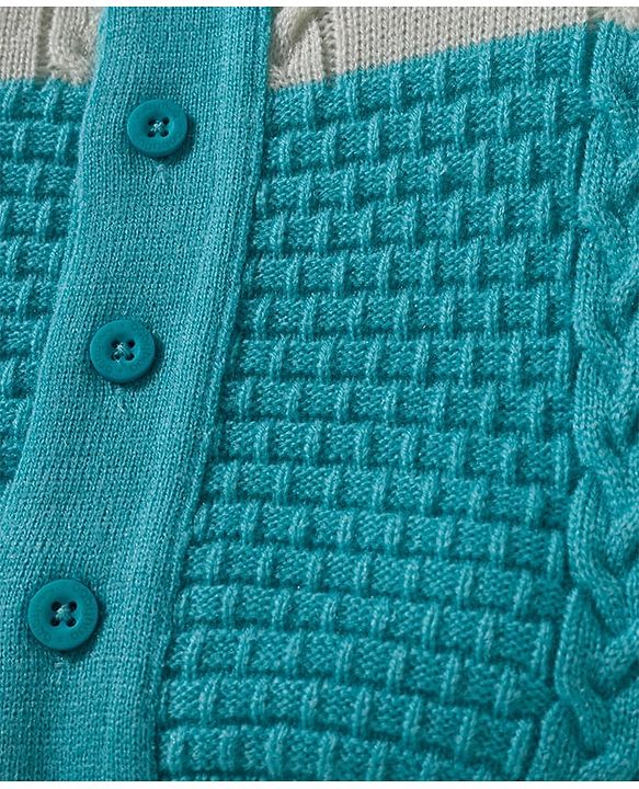 Babyhug Knit Full Sleeves Front Open Color Block Sweater Set with Cable Knit Design - Light Blue & Beige