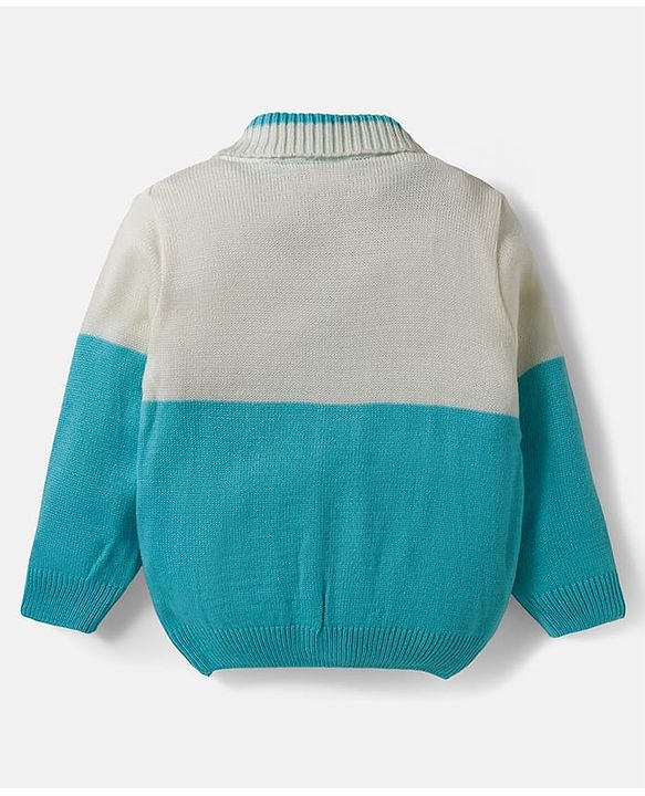 Babyhug Knit Full Sleeves Front Open Color Block Sweater Set with Cable Knit Design - Light Blue & Beige