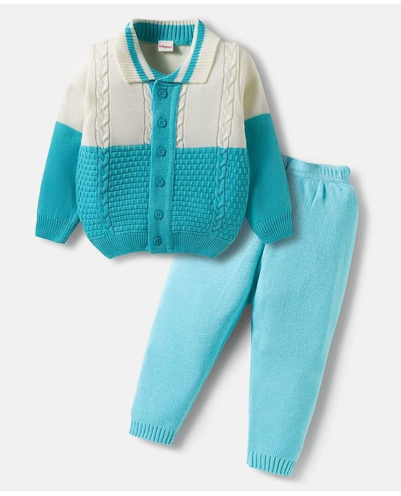 Babyhug Knit Full Sleeves Front Open Color Block Sweater Set with Cable Knit Design - Light Blue & Beige