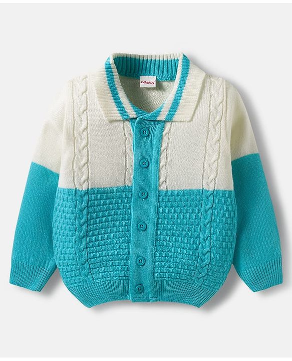 Babyhug Knit Full Sleeves Front Open Color Block Sweater Set with Cable Knit Design - Light Blue & Beige