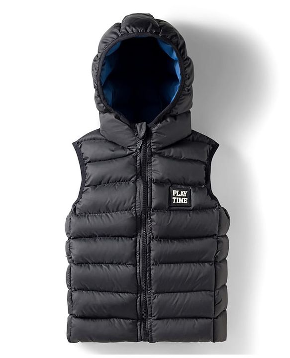 Babyhug Woven Sleeveless Solid Color Hooded Padded Jacket - Black