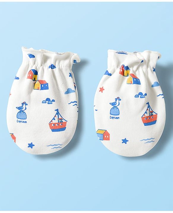 Babyhug 100% Cotton Knit Mittens & Booties With Nautical Print - Offwhite
