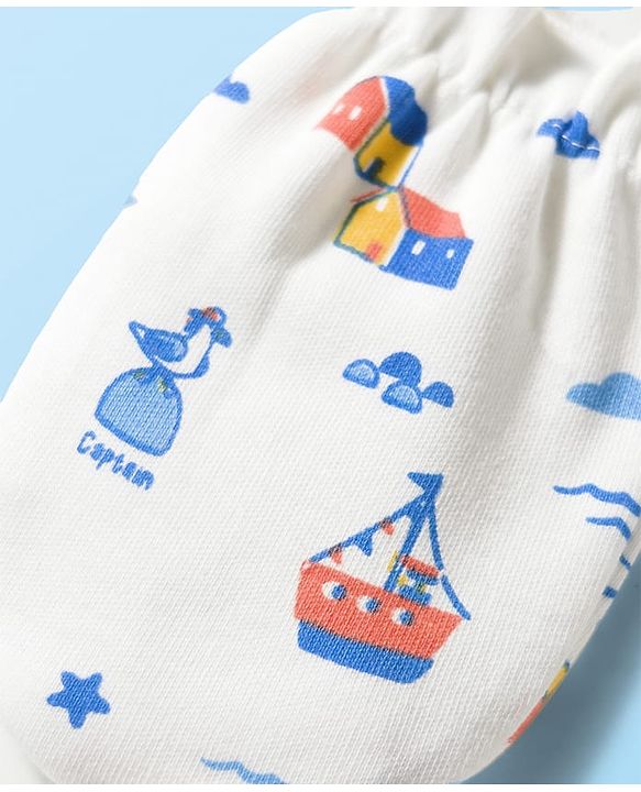 Babyhug 100% Cotton Knit Mittens & Booties With Nautical Print - Offwhite