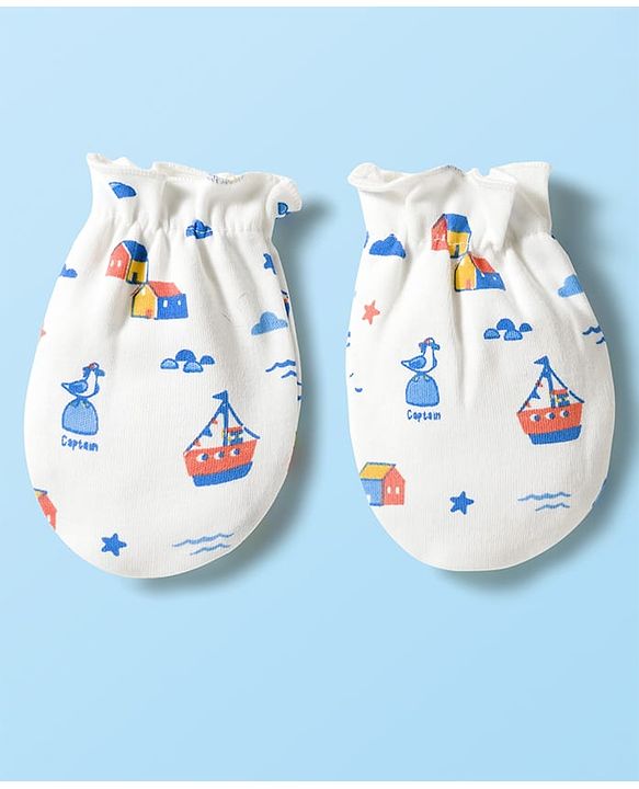 Babyhug 100% Cotton Knit Mittens & Booties With Nautical Print - Offwhite