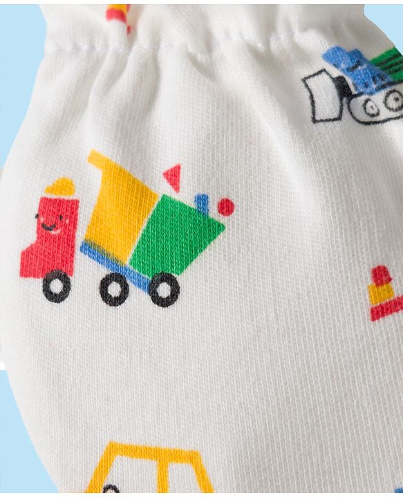 Babyhug 100% Cotton Mittens & Booties Set With Vehicle Print - White
