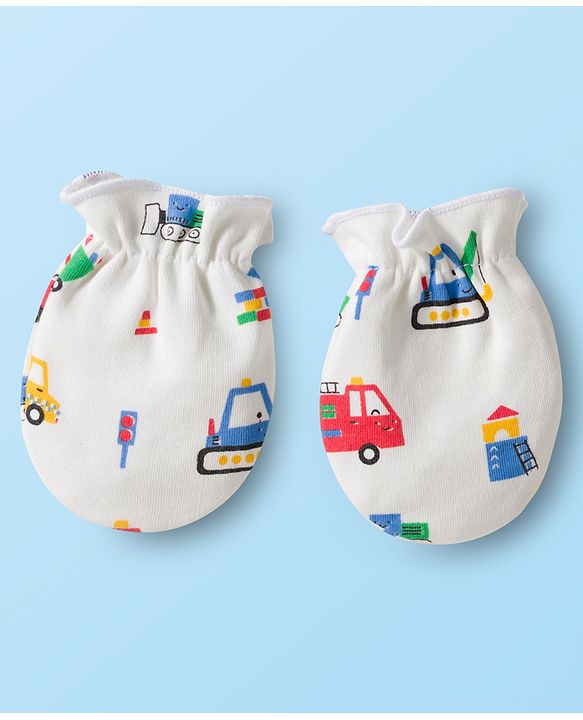 Babyhug 100% Cotton Mittens & Booties Set With Vehicle Print - White