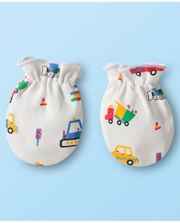 Babyhug 100% Cotton Mittens & Booties Set With Vehicle Print - White