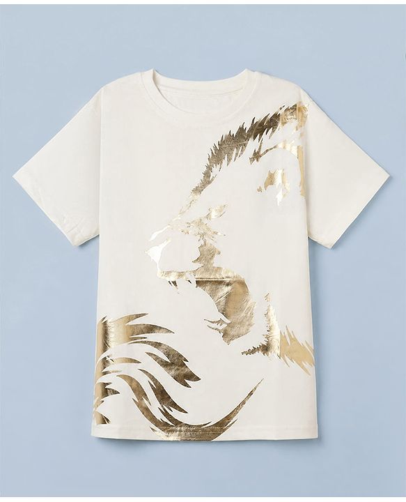 Pine Kids Cotton Knit T-Shirts with Half Sleeves and Lion Foil/Glitter Print in Snow White for 4-5 Years