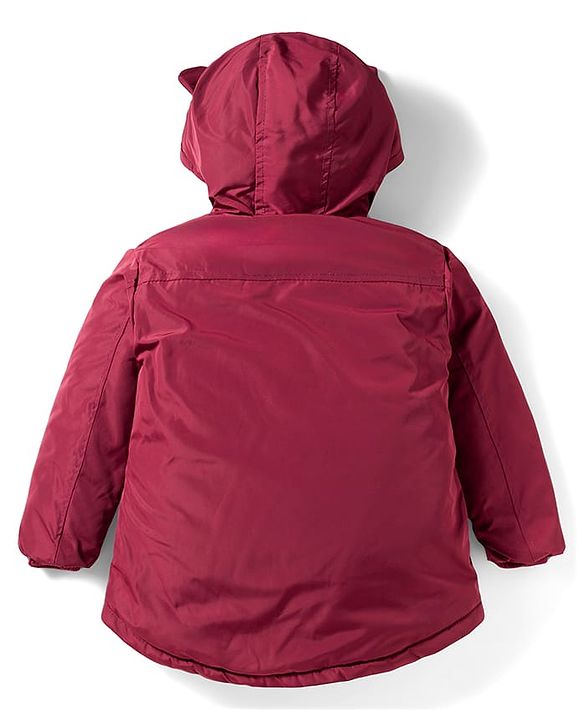 Babyhug Woven Full Sleeves Solid Color Hooded Winter Jacket With Ear Applique - Wine