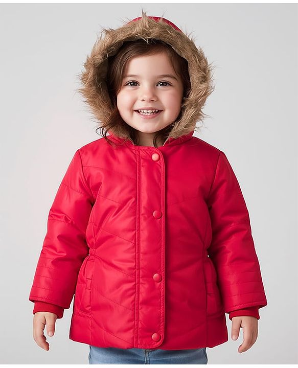 Babyhug Woven Full Sleeves Solid Hooded Padded Jacket - Red