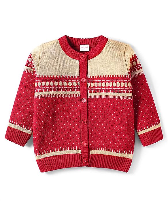 Babyhug Knit Full Sleeves Front Open Sweater Set with Fair Isle Design & Cap - Red