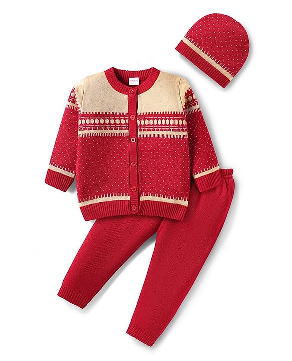 Babyhug Knit Full Sleeves Front Open Sweater Set with Fair Isle Design & Cap - Red