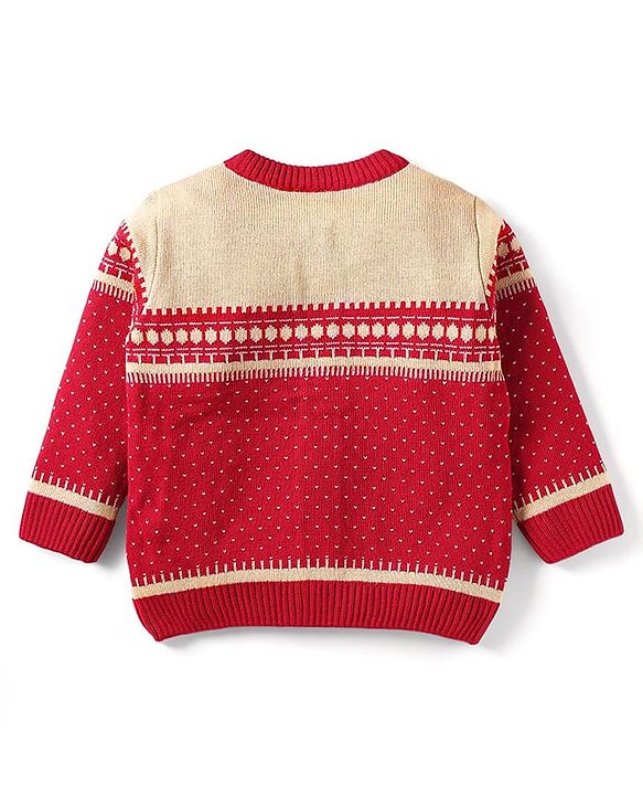 Babyhug Knit Full Sleeves Front Open Sweater Set with Fair Isle Design & Cap - Red