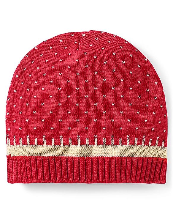 Babyhug Knit Full Sleeves Front Open Sweater Set with Fair Isle Design & Cap - Red