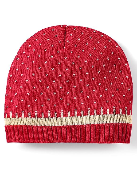 Babyhug Knit Full Sleeves Front Open Sweater Set with Fair Isle Design & Cap - Red