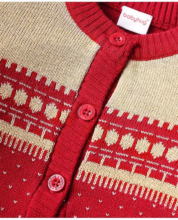 Babyhug Knit Full Sleeves Front Open Sweater Set with Fair Isle Design & Cap - Red