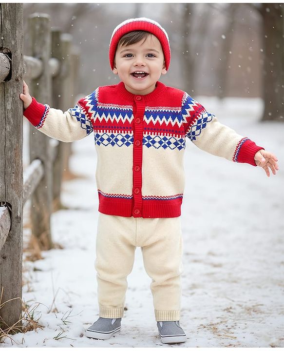 Babyhug Knitted Full Sleeves Baby Sweater Set with Snow Flakes Design - Navy Blue main image 1