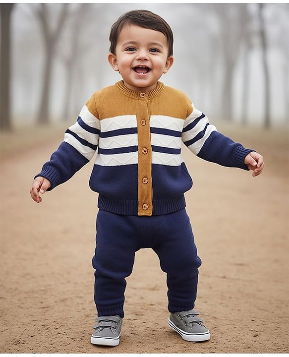 Babyhug Knit Full Sleeves Striped Front Open Sweater Set - Navy Blue