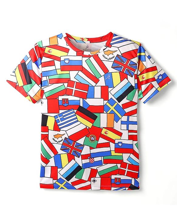 Pine Active Knit Half Sleeves Flags Printed T-Shirt - Multicolour