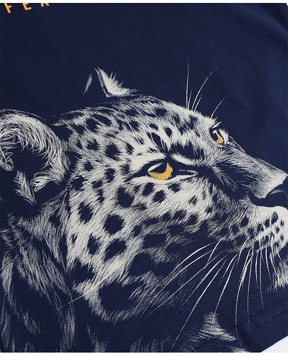 Pine Kids Cotton Knit Half Sleeves T-Shirt With Leopard Print - Navy Blue