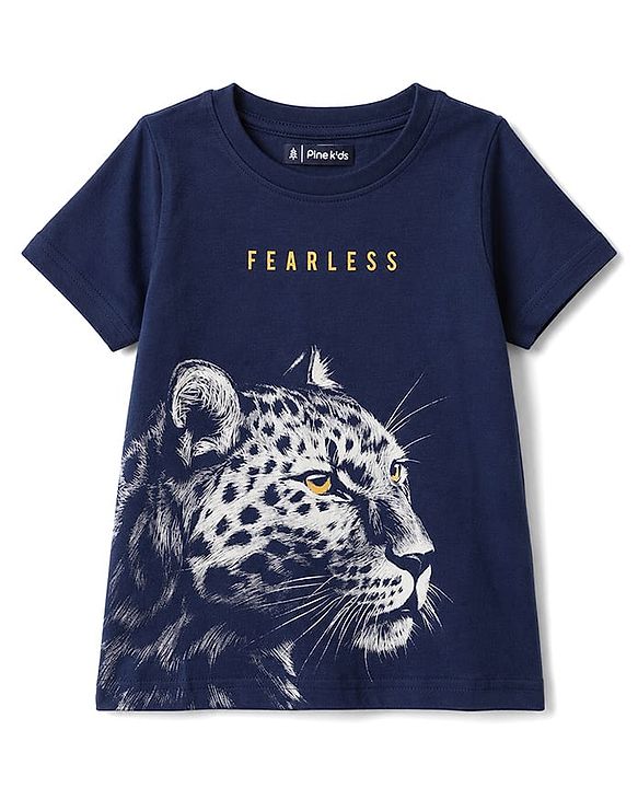 Pine Kids Cotton Knit Half Sleeves T-Shirt With Leopard Print - Navy Blue