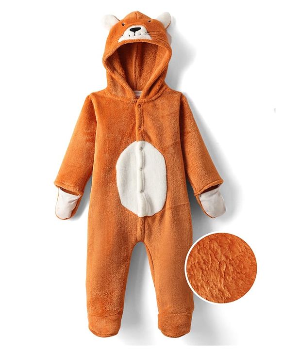 Babyhug Fur Knit Full Sleeves Winter Wear Hooded Romper With Animal Embroidery - Orange