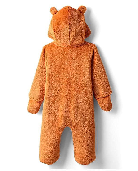 Babyhug Fur Knit Full Sleeves Winter Wear Hooded Romper With Animal Embroidery - Orange