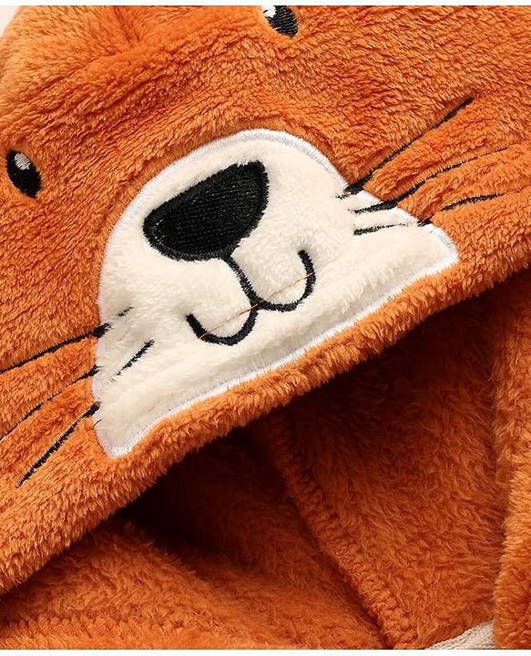 Babyhug Fur Knit Full Sleeves Winter Wear Hooded Romper With Animal Embroidery - Orange