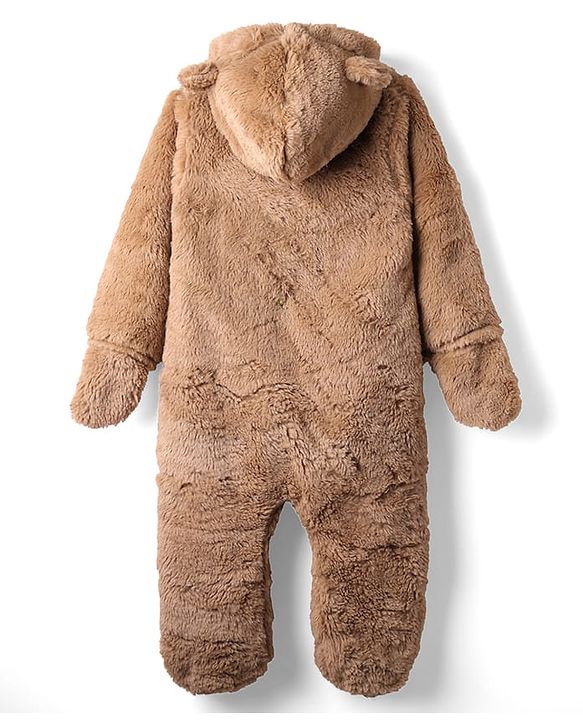 Babyhug Fur Knit Full Sleeves Front Open Winter Wear Footed Romper with Hoodie Bear Patch & Attached Mittens - Brown