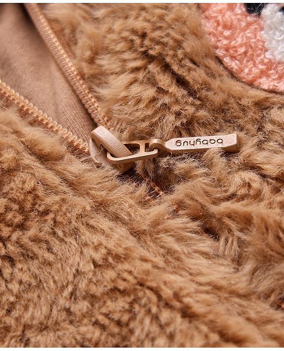 Babyhug Fur Knit Full Sleeves Front Open Winter Wear Footed Romper with Hoodie Bear Patch & Attached Mittens - Brown