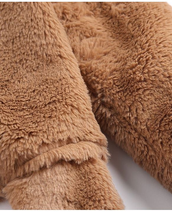 Babyhug Fur Knit Full Sleeves Front Open Winter Wear Footed Romper with Hoodie Bear Patch & Attached Mittens - Brown