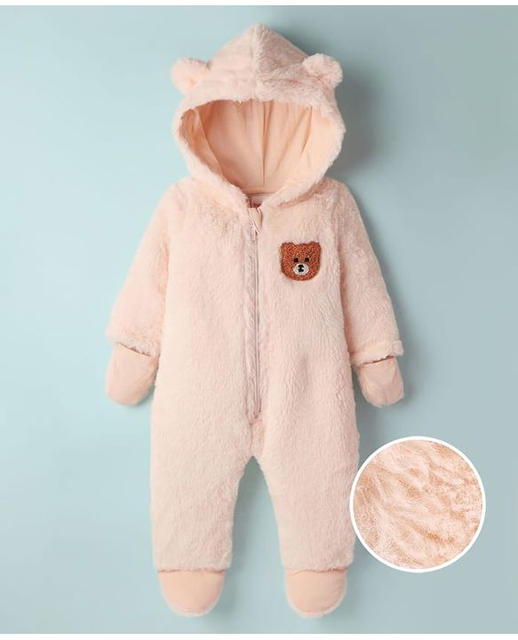 Babyhug Fur Knit Full Sleeves Winter Wear Hooded Romper With Teddy Bear Embroidery - Peacj