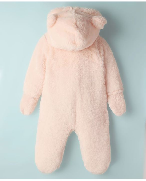 Babyhug Fur Knit Full Sleeves Winter Wear Hooded Romper With Teddy Bear Embroidery - Peacj