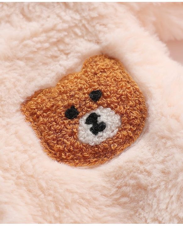 Babyhug Fur Knit Full Sleeves Winter Wear Hooded Romper With Teddy Bear Embroidery - Peacj