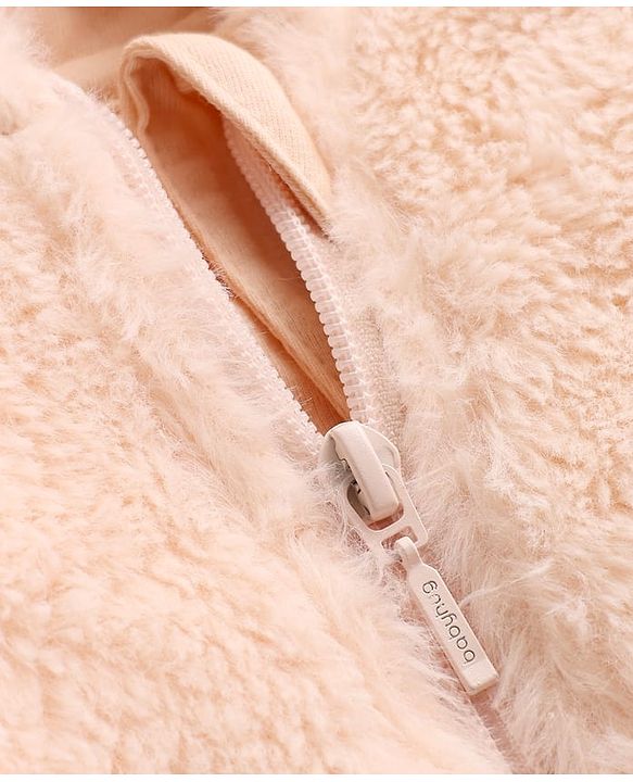 Babyhug Fur Knit Full Sleeves Winter Wear Hooded Romper With Teddy Bear Embroidery - Peacj