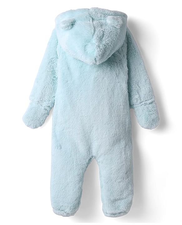 Babyhug Fur Knit Full Sleeves Front Open Winter Wear Footed Romper with Hoodie Bear Patch & Attached Mittens - Light Blue