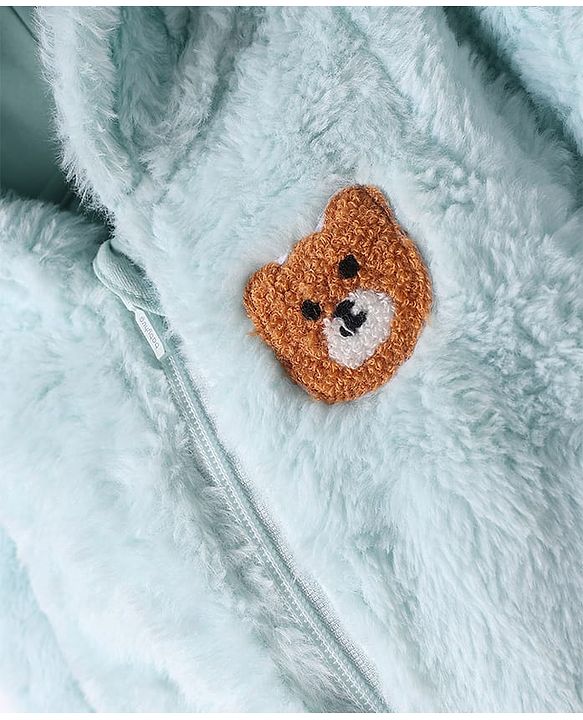 Babyhug Fur Knit Full Sleeves Front Open Winter Wear Footed Romper with Hoodie Bear Patch & Attached Mittens - Light Blue