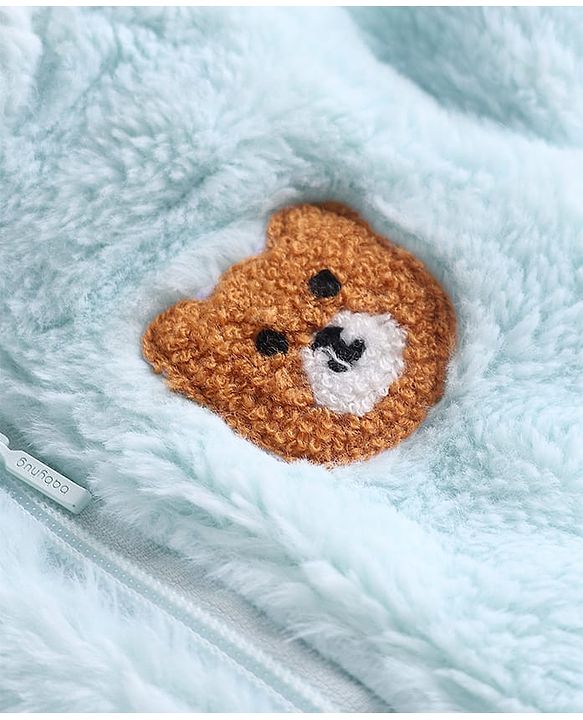 Babyhug Fur Knit Full Sleeves Front Open Winter Wear Footed Romper with Hoodie Bear Patch & Attached Mittens - Light Blue