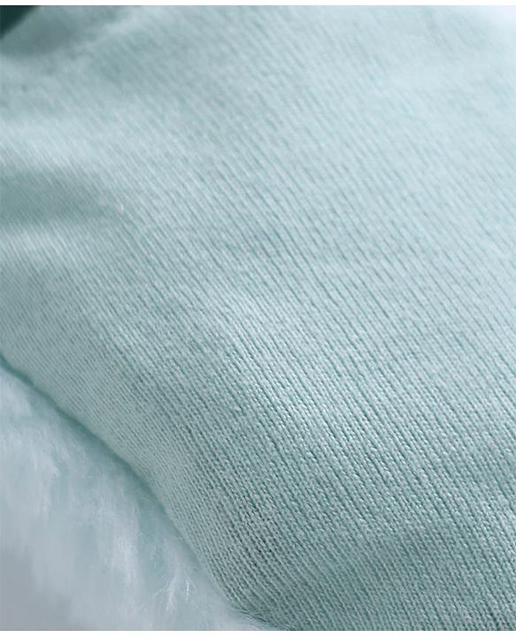 Babyhug Fur Knit Full Sleeves Front Open Winter Wear Footed Romper with Hoodie Bear Patch & Attached Mittens - Light Blue