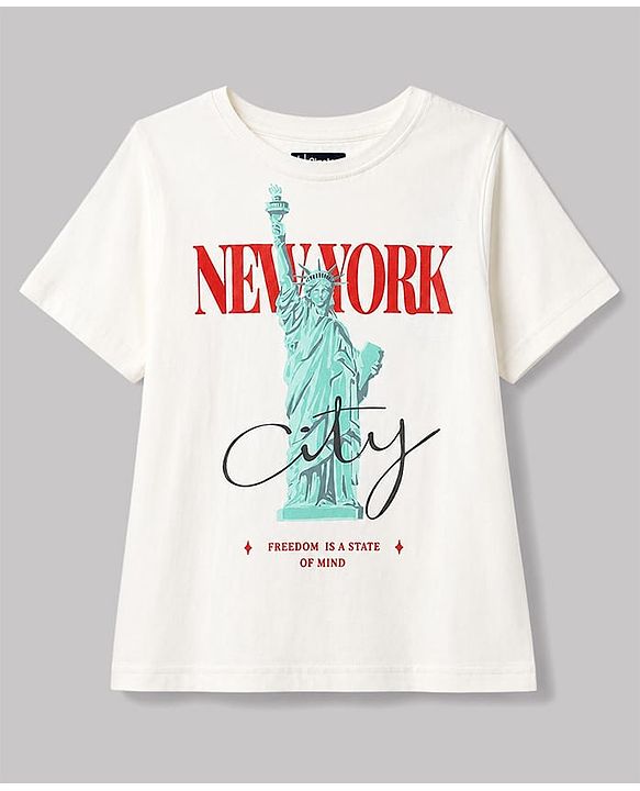 Pine Kids Cotton Knit Half Sleeves T-Shirt With New York Print - White