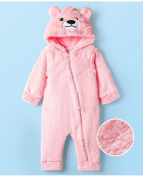 Babyhug Knit Full Sleeves Winter Wear Hooded Romper With Bear Applique - Brown