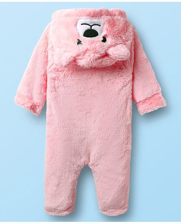 Babyhug Knit Full Sleeves Winter Wear Hooded Romper With Bear Applique - Brown