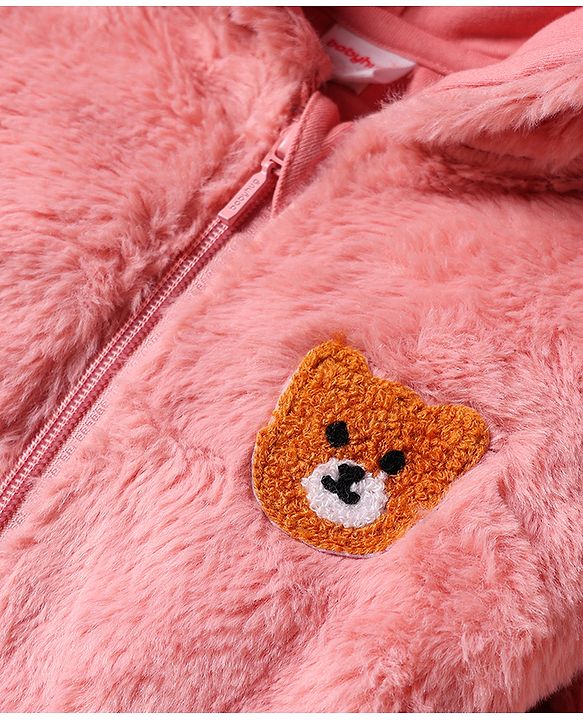 Babyhug Knit Full Sleeves Winter Wear Hooded Romper With Bear Applique - Brown