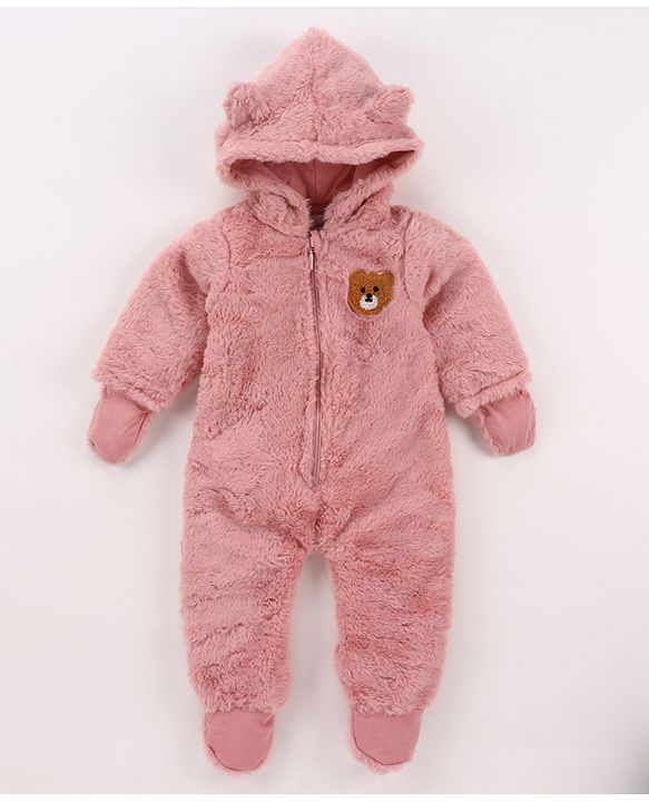 Babyhug Knit Full Sleeves Winter Wear Hooded Romper With Bear Applique - Brown