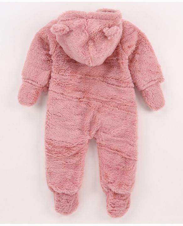 Babyhug Knit Full Sleeves Winter Wear Hooded Romper With Bear Applique - Brown