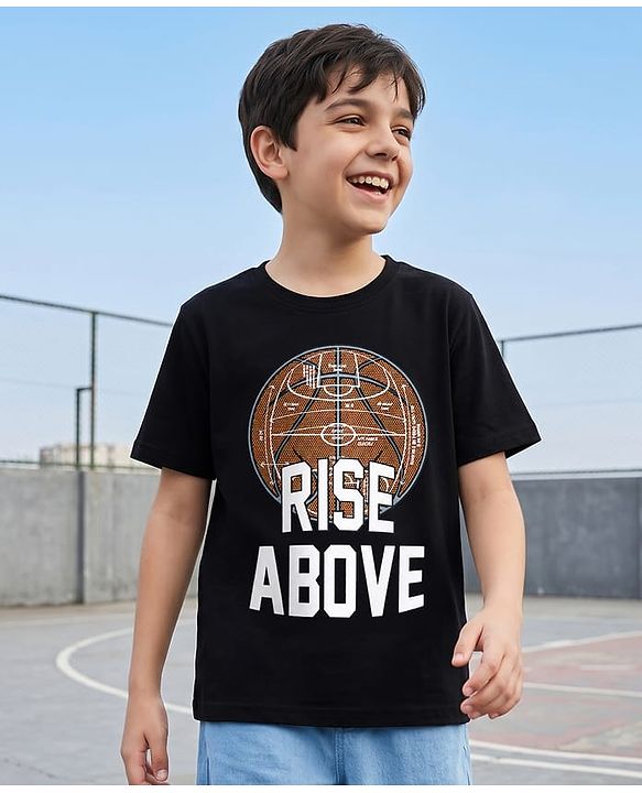 Pine Kids Cotton Knit Half Sleeves  T-Shirt With Text Print - Black
