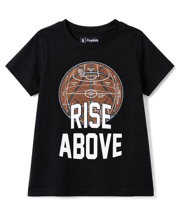 Pine Kids Cotton Knit Half Sleeves  T-Shirt With Text Print - Black