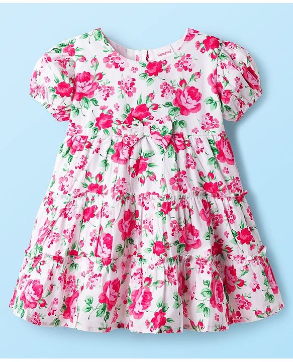 Babyhug Cotton Knit Half Sleeves Frock With Floral Print & Bow Applique - White