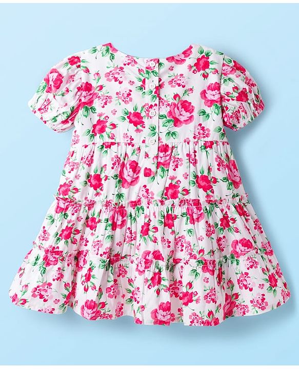 Babyhug Cotton Knit Half Sleeves Frock With Floral Print & Bow Applique - White